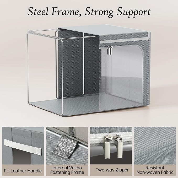 Yecaye Clothing Storage Bin with Lid, Clothes Storage Grey, 40L, 4 Pack | Metal Frame, Foldable, Stackable, Clear Window, Zippers, PU Leather Handles