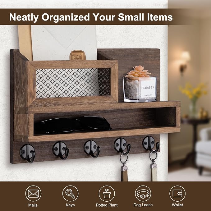 Key Holder for Wall, Mail Organizer Wall Mount with Storage Compartment and 5 key Hooks for Coat, Dog Leash, Stylish Mesh Mail Holder, Home Decor Entry Way Organizer