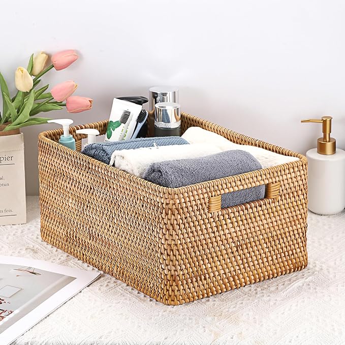 Hipiwe Rattan Wicker Storage Basket for Shelf Organizer, Large 15"x11"x7.1" | Handwoven Decorative Basket Bin with Build-in Handles, Natural Rectanguar Wardrobe Home Organizer