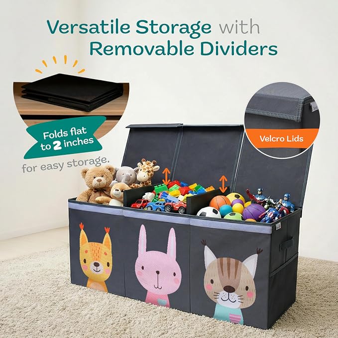 SoftOwl Extra Large Toy Storage Organizer with Lid - Sturdy, Collapsible Toy Chest Storage Box with Cute Design - Toys Bin with Dividers for Kids, Boys, Girls, Nursery, Bedroom, Play room 37"x16"x14"