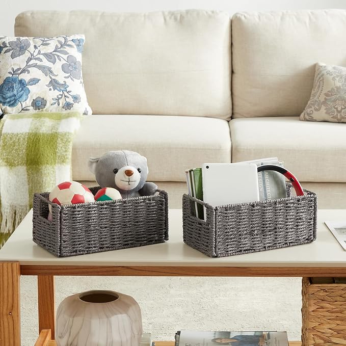 Vagusicc Wicker Storage Basket, Set of 2 Hand-Woven Paper Rope Wicker Basket, Small Storage Baskets for Organizing Toilet Paper Basket, Foldable Large Cube Storage Organizer Bins for Shelves (Grey)