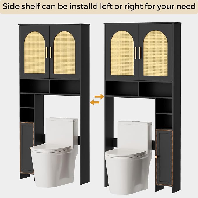 Homhedy Wooden Over The Toilet Storage Cabinet, Natural and Black | Bathroom Organizer with Rattan Decorated Doors, Adjustable Shelves, Toilet Paper Holder, for Small Spaces