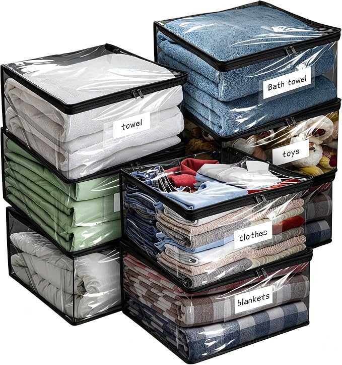 Kikerike Plastic Storage Bags with Easy-Glide Zipper, Pack of 8, Durable Clear Vinyl Zippered Storage Bags for Clothes Sweaters Comforters Blankets Sheets Bedding (24 x 20 x 11 Inch, Black)