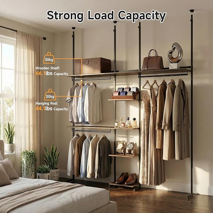 MZG Closet Organizer System, Freestanding Closet System with Wood Shelves & Hanging Rod, Adjustable Floor-to-Ceiling Open Wardrobe for Bedroom, Apartment & Walk-In Closet (16.8" D x72.1 W x 137.9" H)