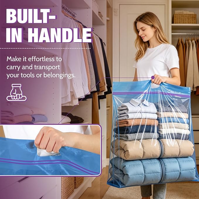GOONIK 25 Gallon Jumbo Storage Bags with Zipper and Handle for Clothes Pillow Travel Moving, Extra Large, 35” x 24”, Blue, Pack of 3