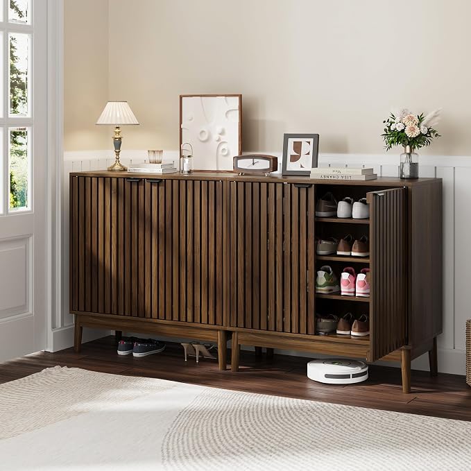 Kiasthome Shoe Storage Cabinet with Ventilated Slatted Doors, Wooden Shoe Organizer, Shoes Rack for Entryway, Hallway, Living Room
