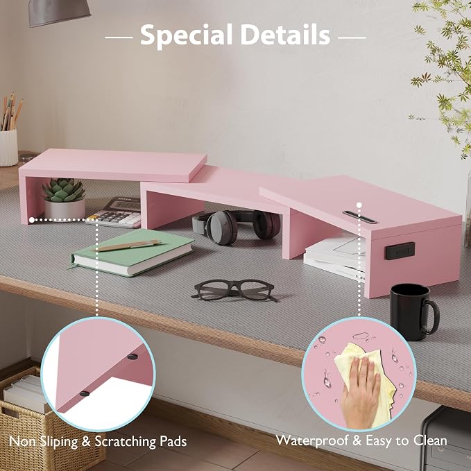 BONTEC Dual Monitor Stand Riser, Adjustable Length & Swivel Angle, Pink | Ergonomic Wooden Desktop Organizer with Smartphone Holder, Computer Monitor Stand for PC, Laptop, Printer and Large Storage