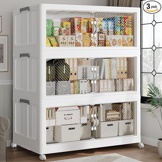 360QT Extra Large Stackable Storage Bins with Lid, 90Gal Plastic Closet Organizers and Storage Drawer, Collapsible Cabinet Box with Wheels Clear Doors for Home Kitchen Garage, 3Pack White