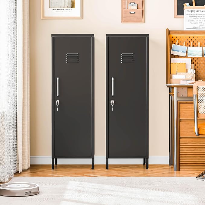 PAOFIN 47" Metal Storage Locker, Lockable Employees Metal Locker with Door and Adjustable Shelves, Steel Locker for Home, School, Office, Gym (Black)