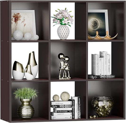 SUPER DEAL 9 Cube Storage Organizer, 3 Tier Bookshelf Open Shelf Display Rack with 5 Removable Back Panels Wood Bookshelf System for Home, Office, Bedroom, Living Room, Dark Brown