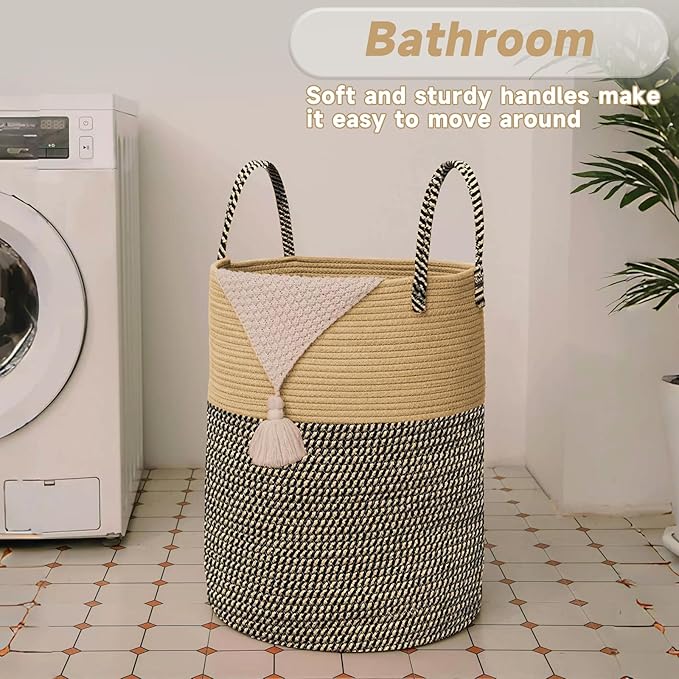 JMvicyroam 60L Cotton Rope Laundry Basket Hamper, Brown and Black | Collapsible laundry basket, reinforced handles, freestanding, machine washable, holds 3-5 thick blankets, clothes or toys