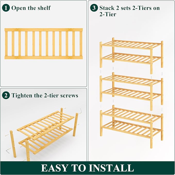 Smiry Bamboo Shoe Rack, 12 Vertical Slats, 6 Tier - 26.8" Wide, Natural | Stackable Free Standing Wooden Shoe Organizer, Wood Shoe Storage Shelf for Closet, Entryway