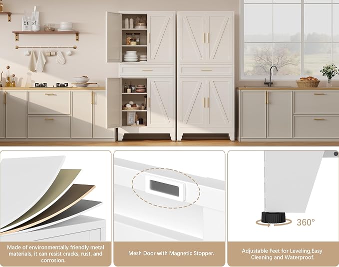 71“H Metal Kitchen Pantry Cabinet with Drawers,White Kitchen Pantry Cabinets,Tall Food Storage Cabinets,Free Standing Pantry Cabinet with 4 Doors,Farmhouse Pantry Cabinets