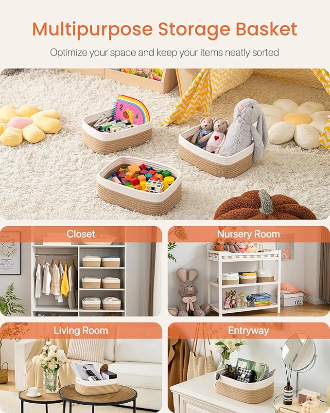 KALLAX Small Woven Storage Basket for Organizing, 12 x 8 x 4.5 inch, 3 Pack | Shelf baskets for closet organization, toy storage and home decor, Perfect as empty gift baskets for holidays, White & Brown
