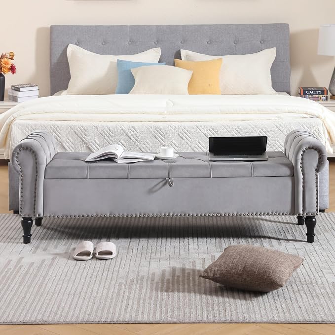 Velvet Storage Bench 67 Inch Upholstered Tufted Ottoman Bench with Arms King Size End of Bed Bench for Bedroom Living Room Entryway Light Grey