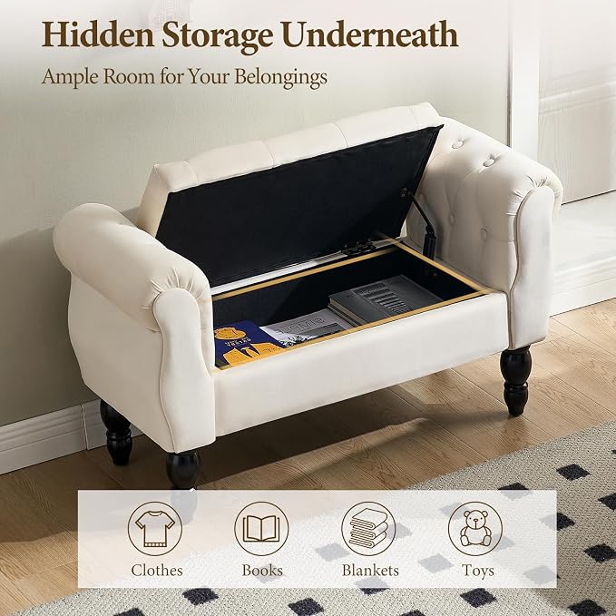 Storage Bench with Arms End of Bed Bench,Velvet Entryway Bench with Storage, Button Tufted Upholstered Ottoman Bench Wood Legs, Window Sitting Bench for Bedroom/Living Room/Hallway, Cream