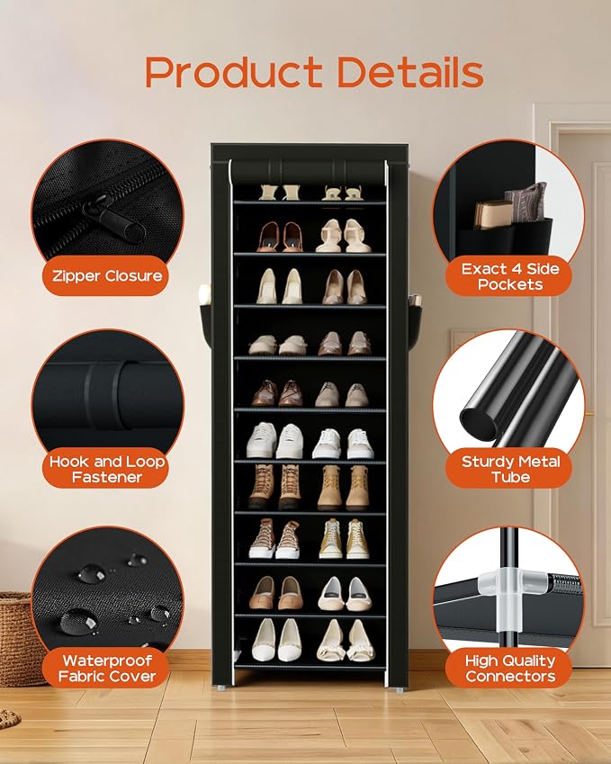 CASAMAYA Shoe Rack with Covers, 10 Tiers Tall Shoe Rack Organizer, Large Capacity Shoe Shelf Storage, Hold 20 Pairs of Shoes, Vertical Shoe Storage Organizer for Closet, Entryway, Black, SRT102B01