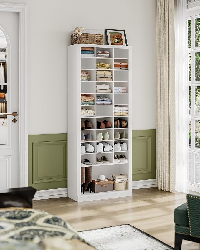 Hzuaneri 11 Tiers Shoe Storage Cabinet, Tall Shoes Cabinet with Cubby | Freestanding Wooden Shoe Organizer, 30-33 Pairs, Shoes Cubby Organizer for Entryway, Bedroom, White SR39303X