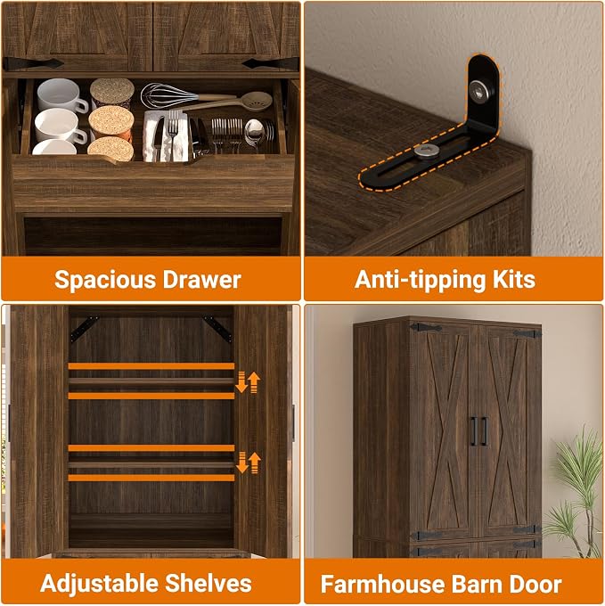 Unikito 71" Farmhouse Kitchen Pantry Storage Cabinet with Barn Doors, Adjustable Shelves & Drawer Organizer, Versatile Tall Storage Cupboard for Dining Room, Bathroom, Utility Room, Weathered Brown