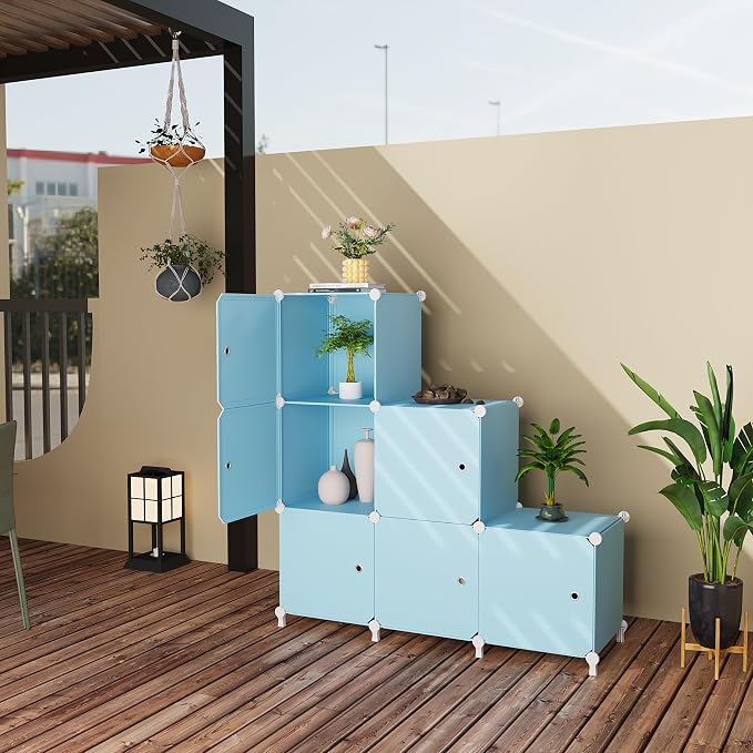 6Cube Storage Organizer Modular Stackable with Doors Blue | Sturdy plastic 6-cube cabinet with doors, 30x30x30cm per cube, tool-free snap assembly, ideal for bedroom, stairs, closet.