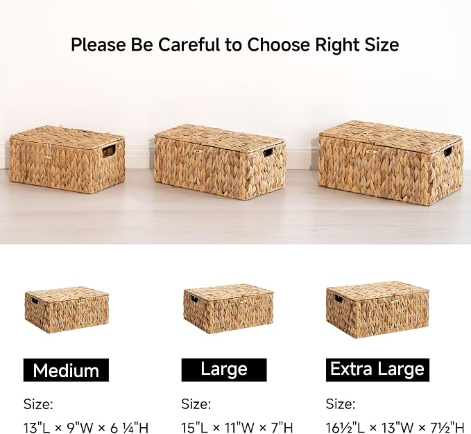 StorageWorks Extra Large Wicker Baskets with Lid for Organizing, Water Hyacinth Storage Baskets for Shelves, Decorative Box with Built-in Handles, Natural, 1 Pack