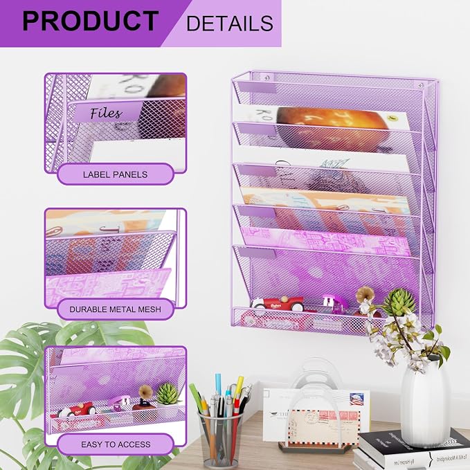 Wall File Organizer Holder Mesh Hanging Paper Document Holder, Vertical 6 Pocket Tier for Office Home, Light Purple