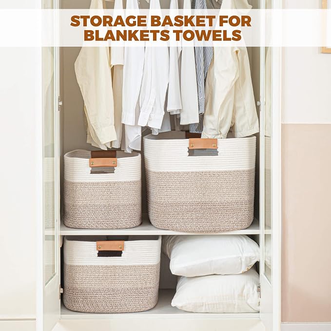 danpinera Blanket Basket, 72L Woven Storage basket with Leather Handle, Eco-friendly Decorative Storage Organization in Bathroom & Living Room for Towels 22 ''*17 ''*11.8 '', Gradient Brown