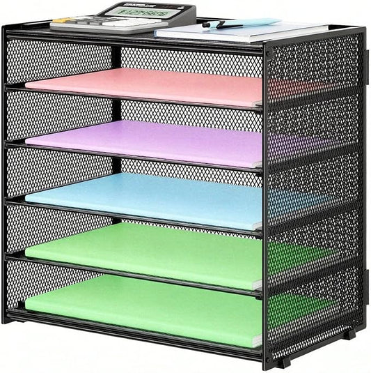 6 Trays Paper Organizer with Handle - Mesh Desk File/Letter Paper Sorter Organizer for Office, Home or School (Black with Closed top)