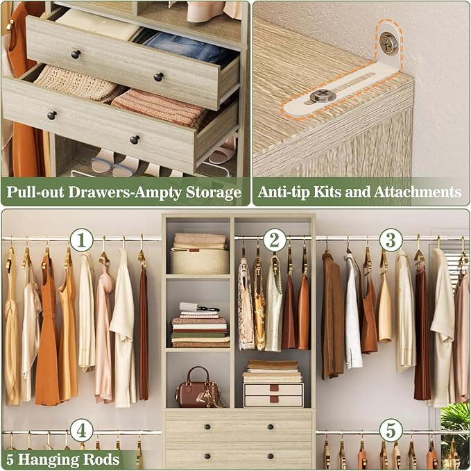 Besiost Closet System, 4.2–8.8 FT Closet Organizer with 2 Wooden Drawers and Shelves, Walk-in Closet System with 5 Hang Rods, Built-in Reach in Closet Tower, Can Fit 60 to 96 inch, Greige Oak
