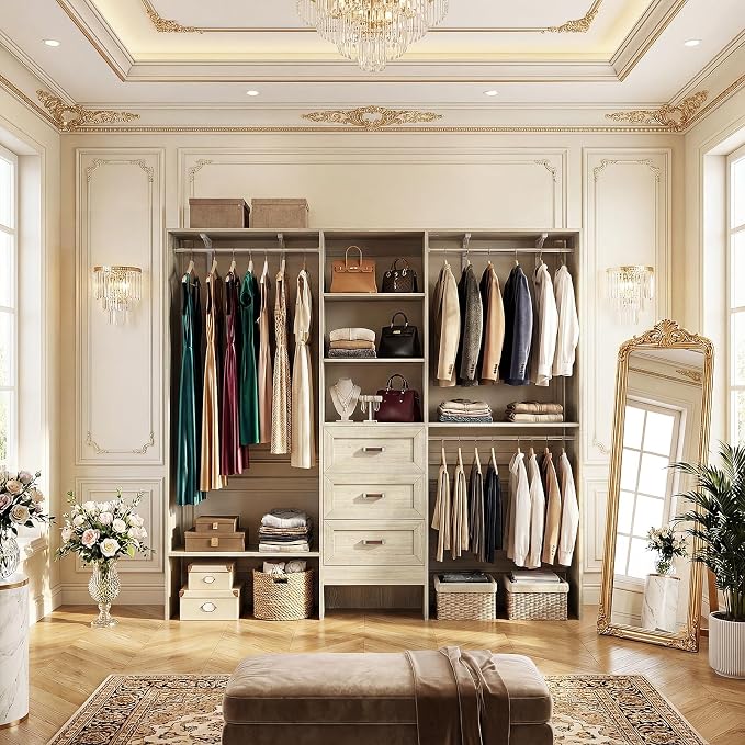 8FT Closet System with 3 Curved Drawers, 96'' Wooden Walk-in Closet Organizer with 3 Top Shelves, Adjustable Organizer System with 3 Hanging Rods, Built-in Wardrobe Storage Rack for 4-8 ft, White Oak