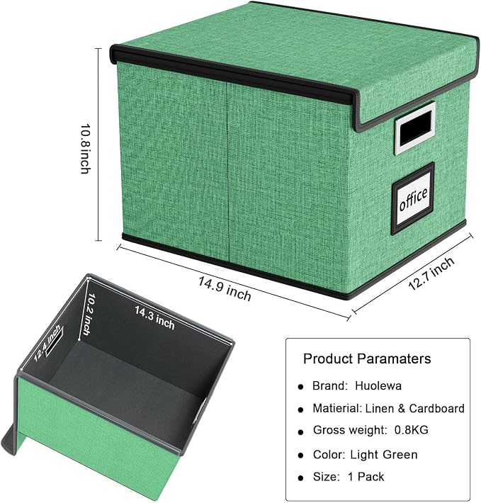 File Organizer Box with Lids, Collapsible File Folder Organizer | File Box with Plastic Slides for Document, Filing Bin for Letter Size Hanging File Folders (1 Pack, Light Green)