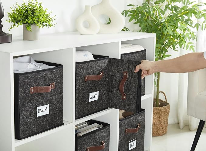 DECOMOMO Storage Bins, Cube Storage Bin with Labels | 10.5" x 11" Fabric Storage Cubes for Shelves (6pcs, Black Pattern)