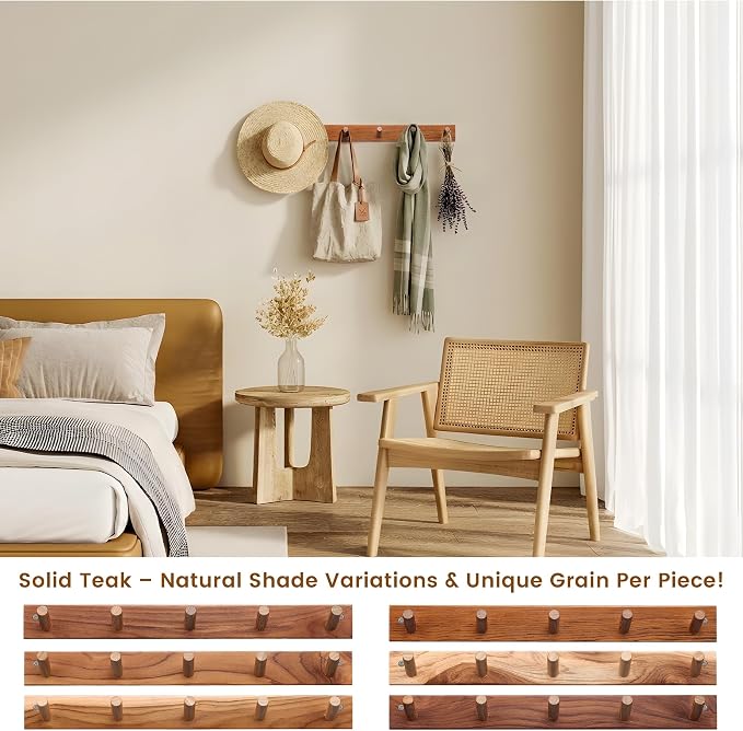 Teak Wall-Mounted Wooden Coat Hooks, Solid Teak 16 Inch Hole Spacing, Rustic Vintage Farmhouse All-Wood for Entryway, Mudroom, Bedroom, Bathroom, Boat Yacht Towels & Clothes 1 Pack