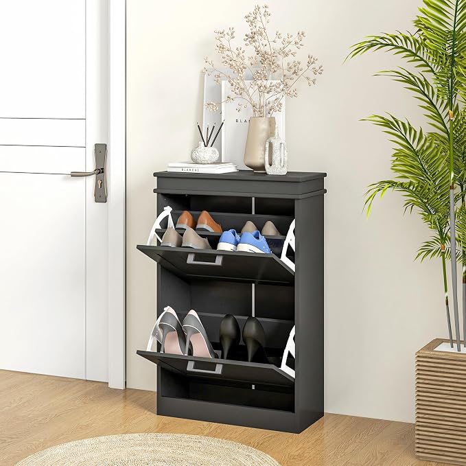 HOMCOM Narrow Shoe Cabinet with 2 Flip Drawers, Modern, for Entryway, Black | Freestanding Small Shoe Storage Cabinet, Adjustable Shelves, Hallway