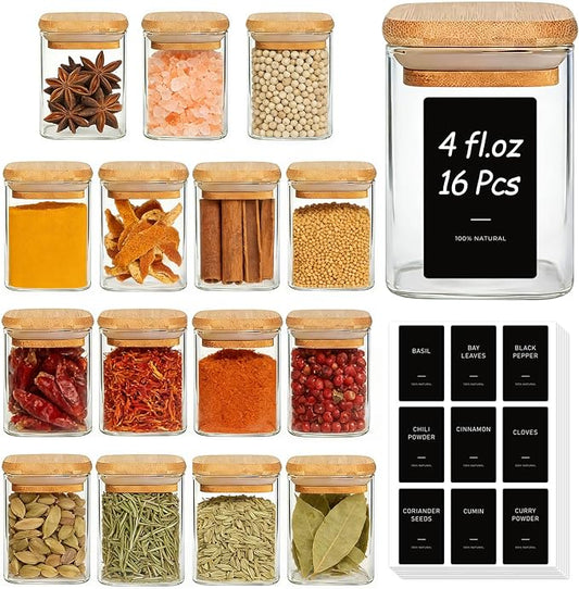 ComSaf Spice Jars 4oz 16 Pack, Seasoning Containers with labels 54 Labels | Small Glass Jars, Bamboo Lid with Silicone Seal, Kitchen Spice Drawer Organizer, Loose Tea,Herbs,Powders,Salt,Chili, BPA Free