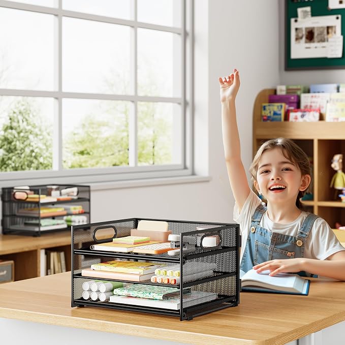 Subekyu 2-Pack 3-Tier Paper Letter Tray Organizer for Desk, Black Metal Mesh File Sorter Organizer with Handle and 1 PC Sliding Tray for Home Office School Desk Supplies Organization Storage