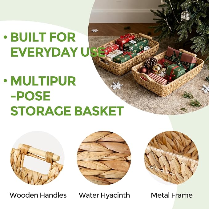 Wicker Baskets with Wooden Handles, Large Water Hyacinth Storage Baskets | 2 Pack, Natural Water Hyacinth Woven Basket for Organizing Shelves, Handwoven Gift Baskets Empty for Snack Display Home Decor