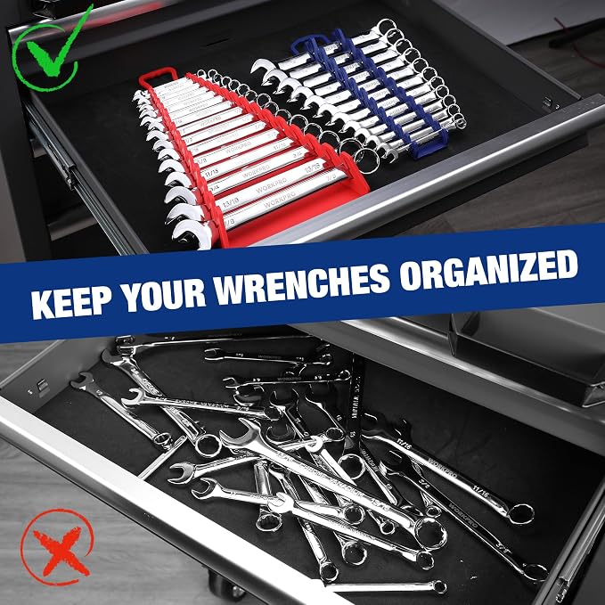 WORKPRO 4-Pack Magnetic Wrench Organizer,15-Slot and 12-Slot Gripper Holder | for Tool Boxes, Flexible Gripping Teeth and Carrying Handle, Fit for SAE and Metric, Blue, Red