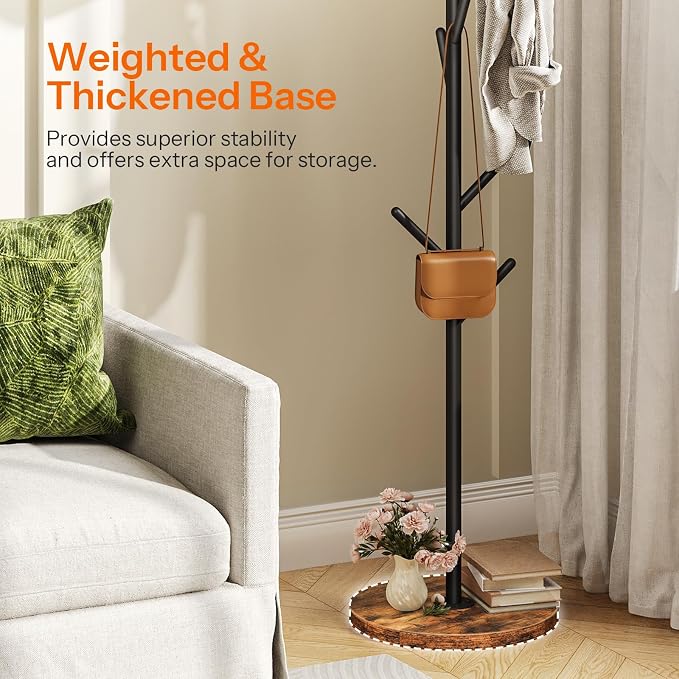HOOBRO Coat Rack Stand with 9 Hooks, Metal Freestanding Coat Tree with Wooden Base, Heavy Duty Hall Tree for Entryway, Space Saving Coat Hanger Stand with Thickened Base, Rustic Brown BF11YM01