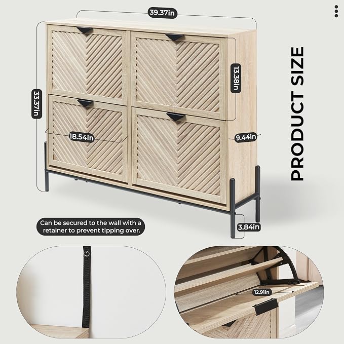Shoe Cabinet with 4 Flip Drawers, Narrow Entryway Rack, Oak | Slanted Wood Grain, Freestanding, Adjustable Compartments, Removable Middle Shelf, Metal Handles, for Hallway Foyer Entrance