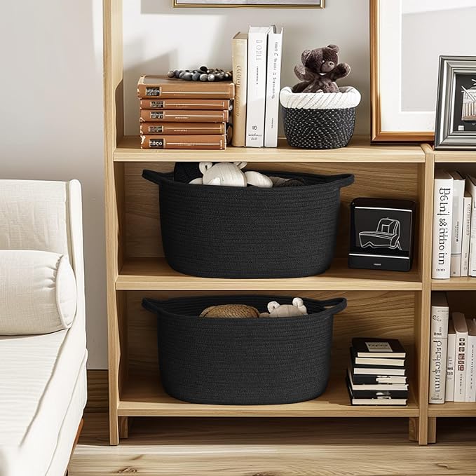 MEGASKET Black Woven Storage Basket, 17"x12"x8" Cotton Rope Baskets for Organizing Dog Toy, Gift, Book, Towel, Cloth, Shoe, Decorative Wicker Storage Bin for Shelves, Closet, Bathroom, Living Room