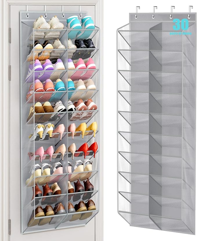 MISSLO 30 Pairs Over the Door Shoe Organizer Breathable Mesh Hanging Shoe Rack for Closet Storage with Wide Deep Pockets 10 Tier Shoes Holder Fit All the Family's Sneakers, Boots, Heels (Grey, 71")