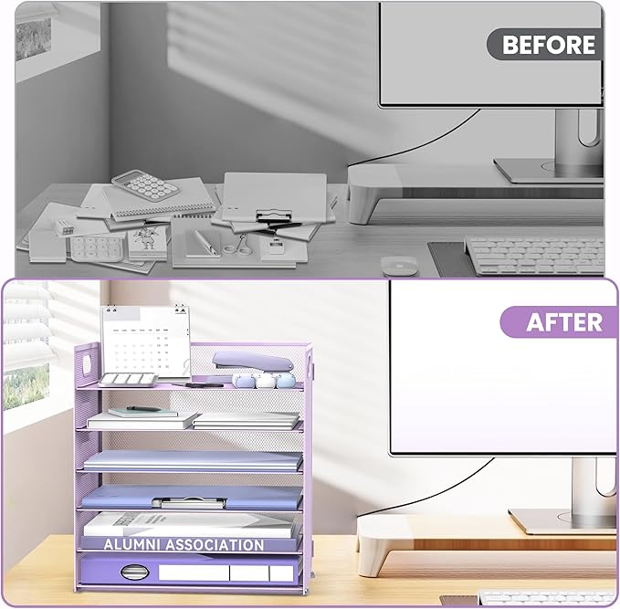 Daltack 6-Tier Paper Organizer for Desk with Handle, Purple, 2 Pack | Sturdy Metal Mesh Organizer with Movable Middle Trays and a Carry Handle for Papers, Folders and Office Supplies