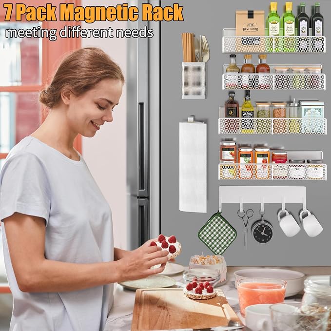 Magnetic Spice Rack for Refrigerator, 7 Pack 100% Metal Strong Magnet Shelves, Kitchen Spice Organizer W/ Hook Rack, Paper Towel Holder, Utensils Caddy, Home Laundry Room Storage Organization (White)