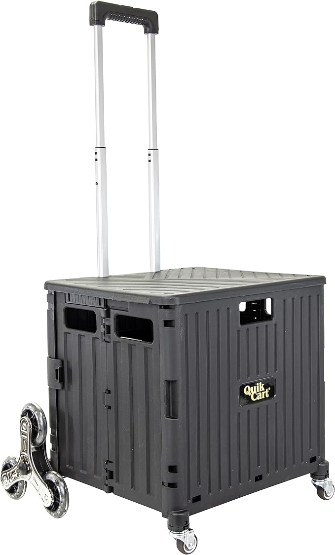 dbest Products Quik Cart Stair Climber Wheeled Rolling Crate Teacher Utility with seat Heavy Duty Collapsible Basket with Handle, 18" D x 17" W x 39" H, Black | with Wheels, Up to 80 lbs Capacity, Heavy Duty, Telescoping Handle, Folding Utility Cart wi...