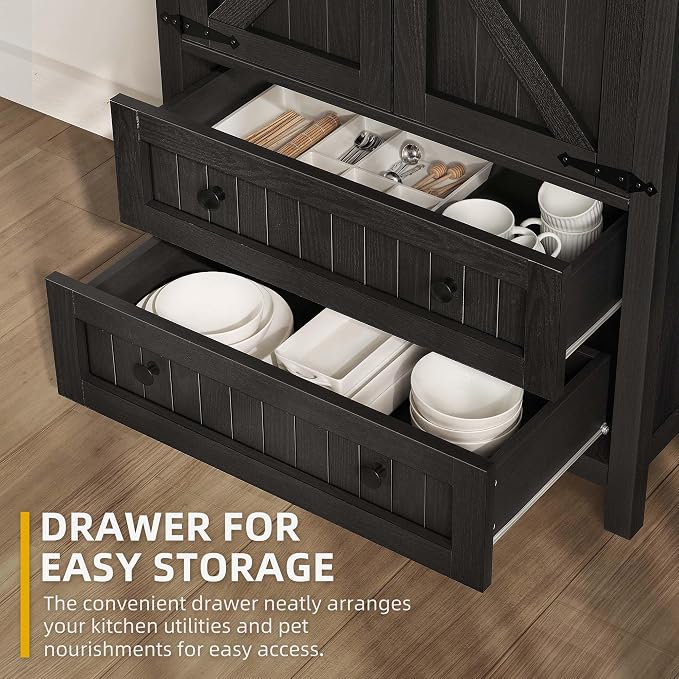 YITAHOME 64.5" Farmhouse Pantry Cabinet with 2 Drawers & Shelves, Oak Black | Tall Storage Cupboard for Living Room, Kitchen, and Hallway