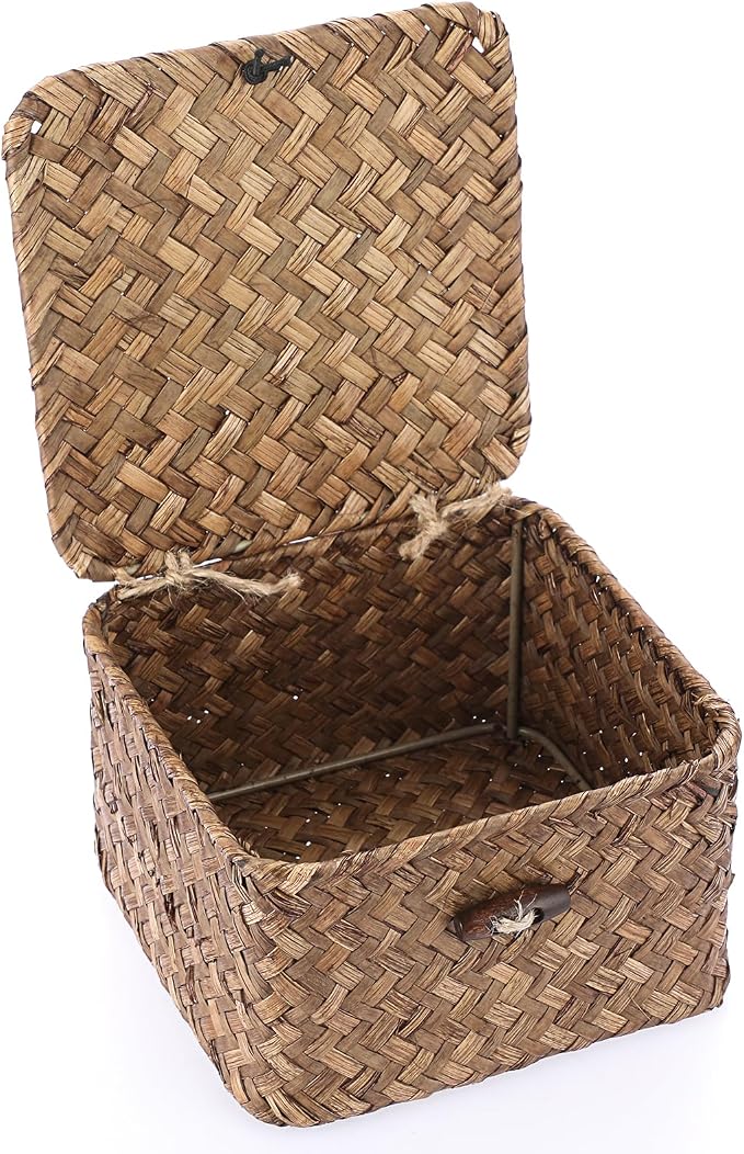 Hipiwe Seagrass Basket Bin with Lid X-Small Handwoven Wicker Storage Basket | Square Decorative Baskets Box for Shelf Multipurpose Household Baskets Organizer for Home Decor