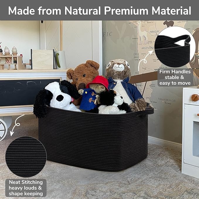 Goodpick Large Woven Blanket Storage Basket, Rectangle Storage, Black | 21.6 x 14.9 x 11.8 in, Reinforced Handles, Blankets, Toys & Pillows Storage, Living Room, Bedroom & Nursery Organization