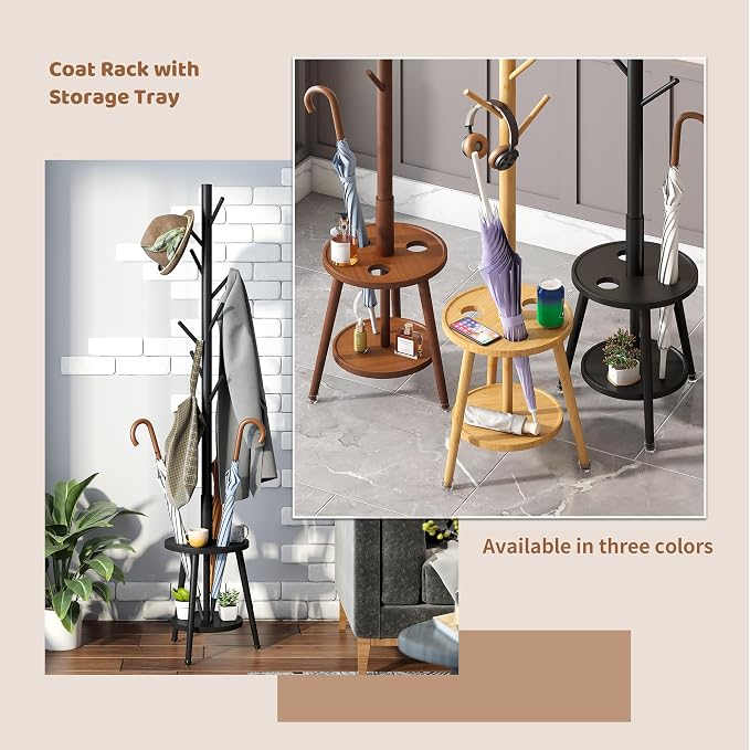 Freestanding Coat Rack with Umbrella Organizer Tray Bamboo Coat Tree Rack with 8 Hook Stand for Clothes Bag Hats Entryway Hanger Stand(Black)