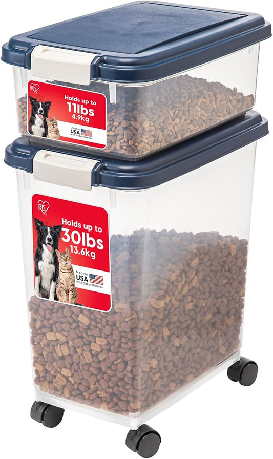 IRIS USA Dog Food Storage Container, Up to 30+11 lbs, Navy, Made in USA | Wheels for Mobility, Airtight Seal, BPA-Free, Best for Bird Seed, Cat food, Cat Litter, Chicken Feed, Pellets